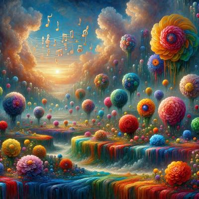 The primary subject of the image is a colorful and vibrant painting featuring a variety of flowers and balloons. The setting is a cloudy sky, and the visual style is a digital art or illustration. The dominant colors in the painting are a mix of bright and warm hues, creating a lively and cheerful atmosphere.